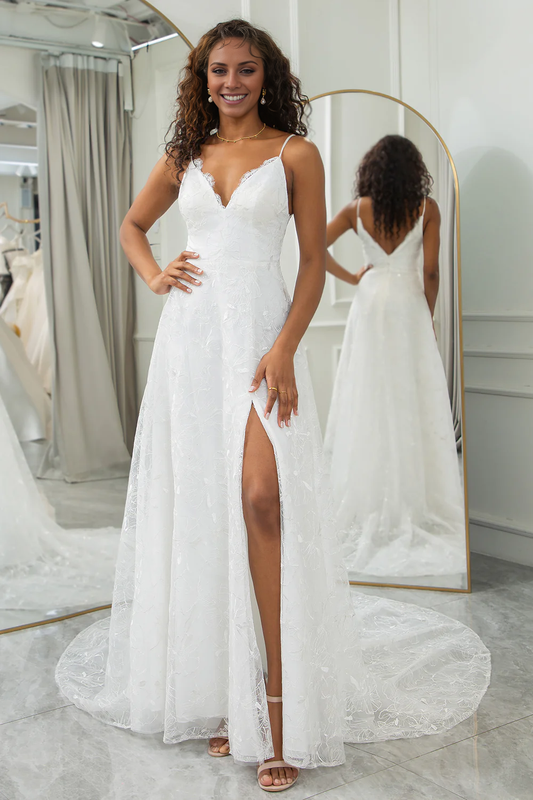 Ivory A-Line Sweep Train Lace V-Neck Wedding Dress with Slit