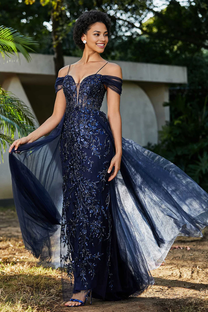 A-Line Princess Dark-Navy Corset Off the Shoulder Beaded Tulle Dress Prom Dress