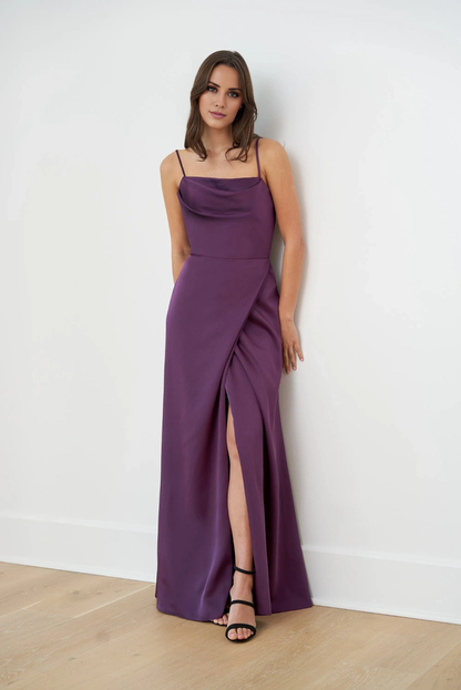 Off shoulder slim shoulder strap backless and floor length evening gown