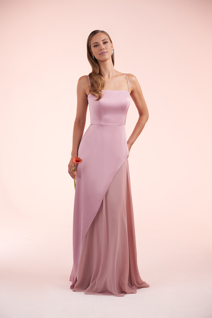 Chiffon A-line thin shoulder strap asymmetrical skirt and floor length evening gown