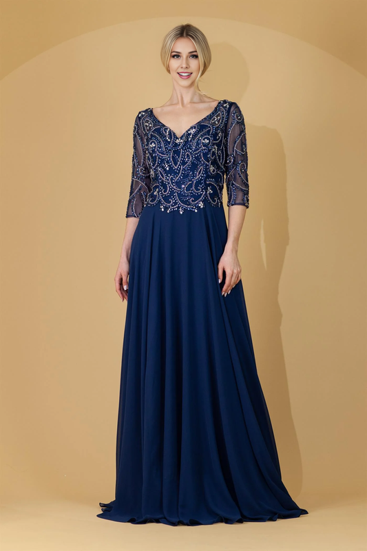 Beaded 3/4 Sleeve V-Neck Chiffon Mother of the Bride Dresse