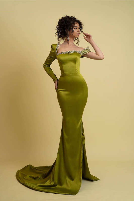 Grass Green Long Sleeve Mermaid Evening Dresses With Beads Sweep/Brush Train Dresses