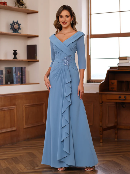 Sheath/cylindrical V-neck 3/4 long sleeved and floor length ruffled mother of the bride dress