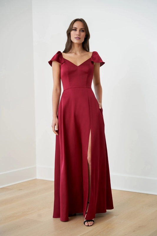 V-neck backless satin short sleeved front slit and floor length evening gown