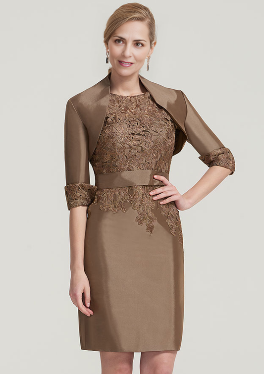 Sheath/Column Bateau Knee-Length Taffeta Mother of the Bride Dress With Jacket Waistband Appliqued