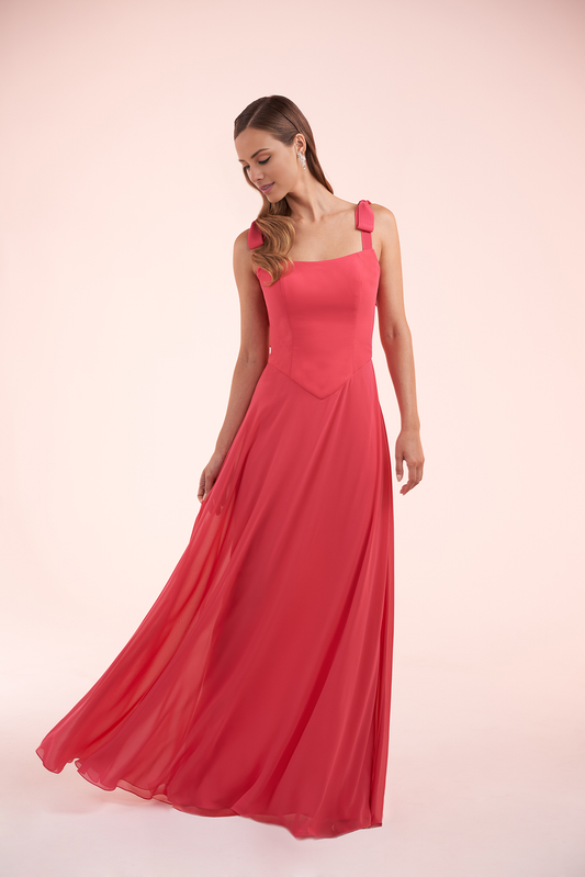 A-line chiffon thin shoulder strap bow shoulder and floor length evening gown