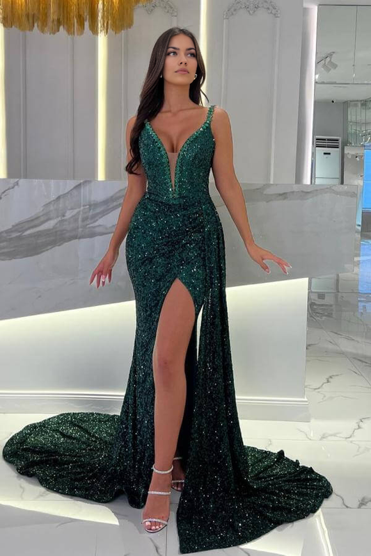 Emerald Green Sleeveless Mermaid Evening Dresses With Split Sequins Sweep/Brush Train Dresses