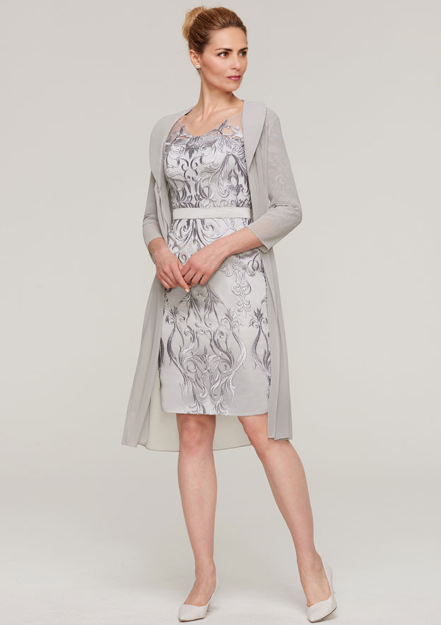 Sheath V Neck Knee-Length Chiffon Mother of the Bride Dress With Jacket Appliqued Waistband