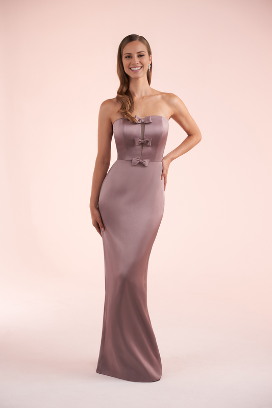 Off shoulder crepe back strapless fitted and floor length evening gown