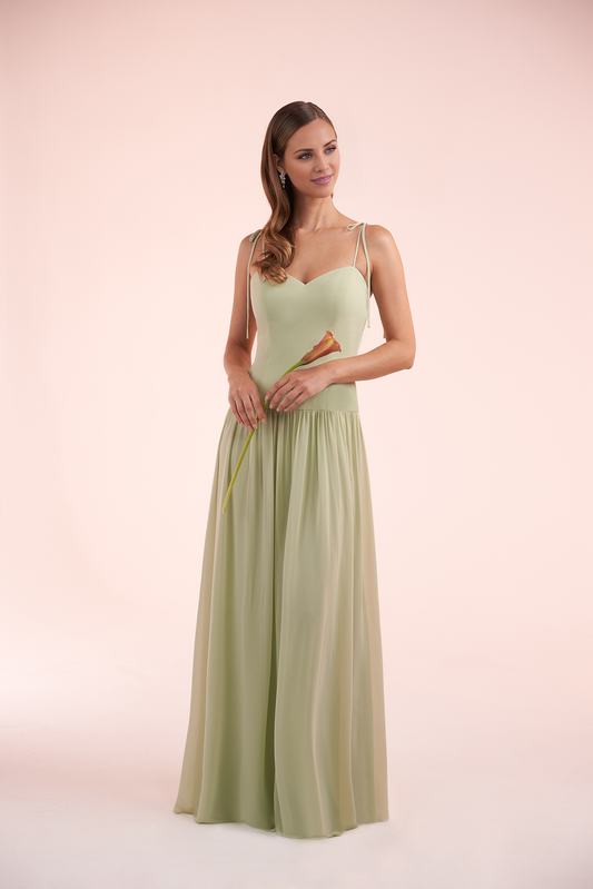 A-line heart-shaped neckline with thin shoulder straps and floor length evening gown