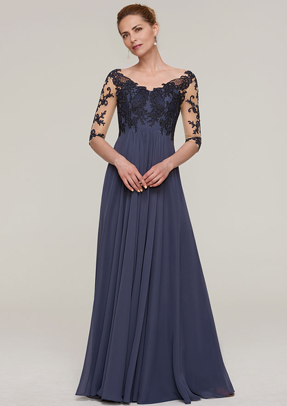 A-line V Neck Long/Floor-Length Chiffon Mother of the Bride Dresses With Appliqued