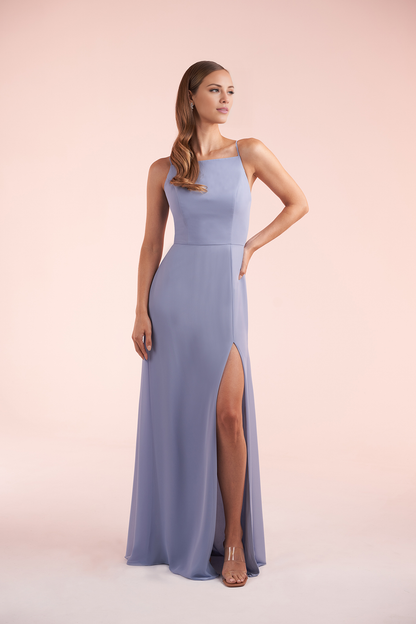 Chiffon high square neck flared slit and floor length evening gown