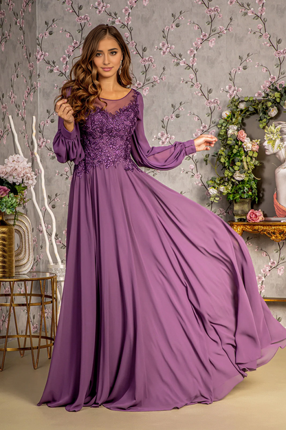 Embroidered Long Sleeve A-line Chiffon Mother of the Bride Dresse