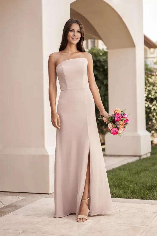 Strapless backless floor-length bridesmaid dress with side slits