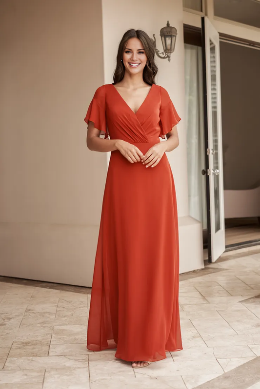 V-neck short-sleeved backless floor-length bridesmaid dress