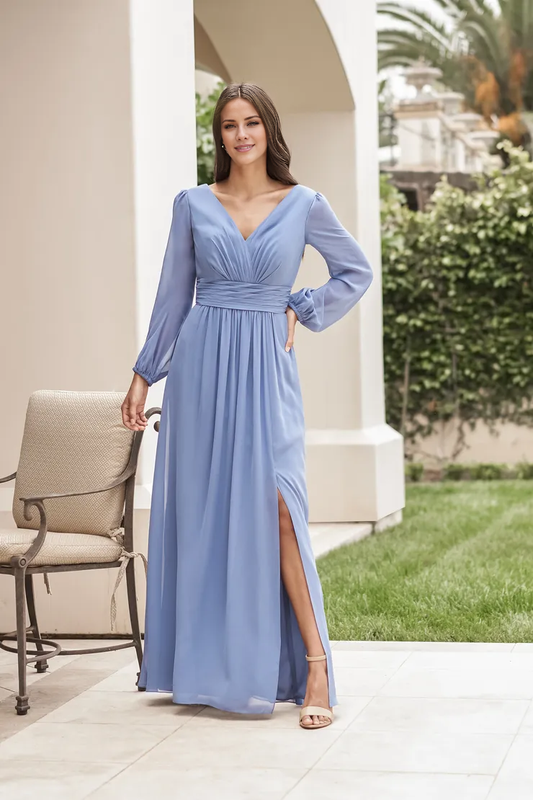 V-neck long sleeve side slit floor-length bridesmaid dress