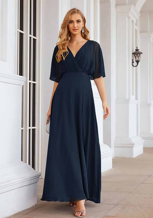 A-line V Neck Chiffon Ankle-Length Mother of the Bride Dress With Pleated Split