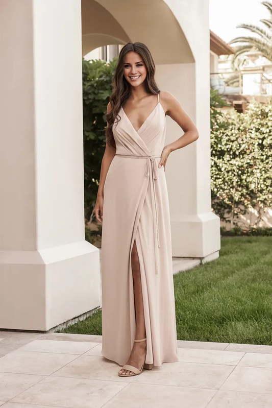 Spaghetti Strap V-Neck Side Slit Backless Floor Length Bridesmaids Dress