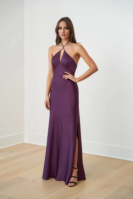 Cross neckline backless satin side slit and floor length evening gown