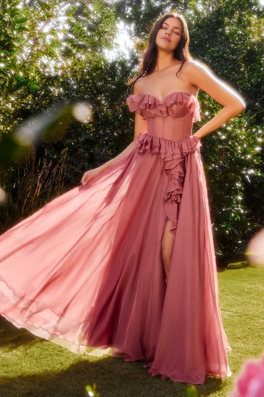 Unique A-Line Long Prom Dress Ruffled With Slit