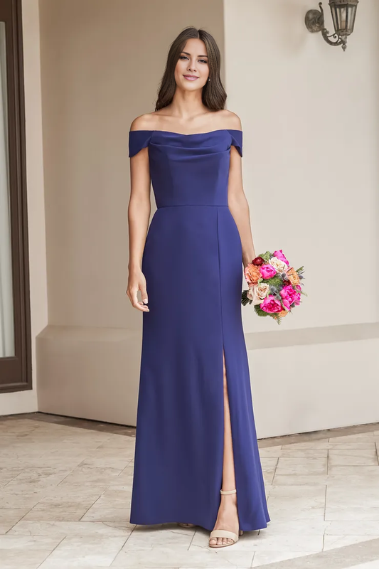 Off-the-shoulder neckline side slit backless floor-length bridesmaid dress