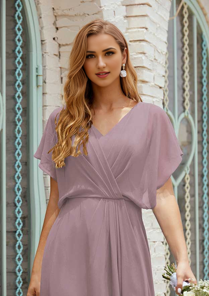 A-line Short Sleeve V Neck Chiffon Mother of the Bride Dress With Pleated