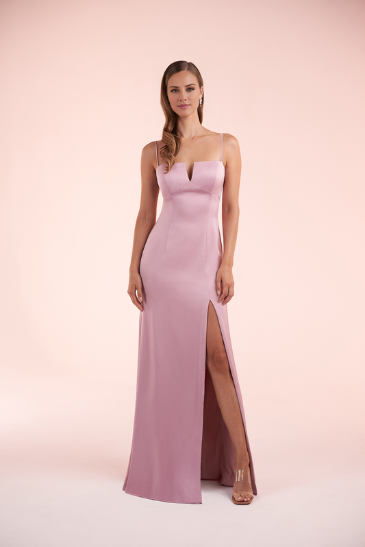 Flat neckline slim fit trumpet shaped thin shoulder strap and floor length evening gown