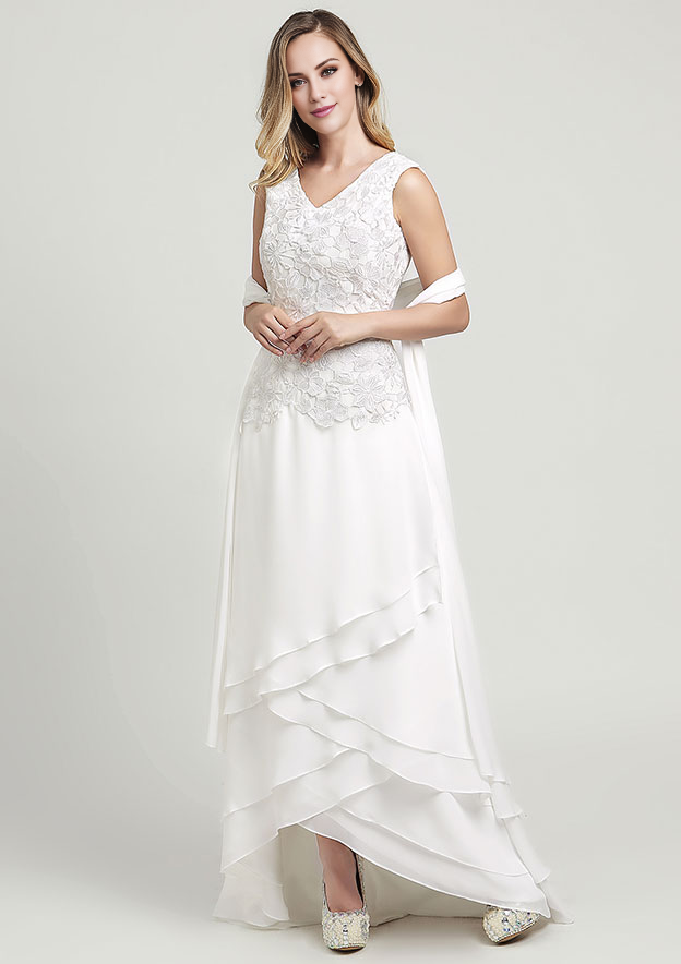 A-line Chiffon Mother of the Bride Dress V Neck Sleeveless Asymmetrical With Lace