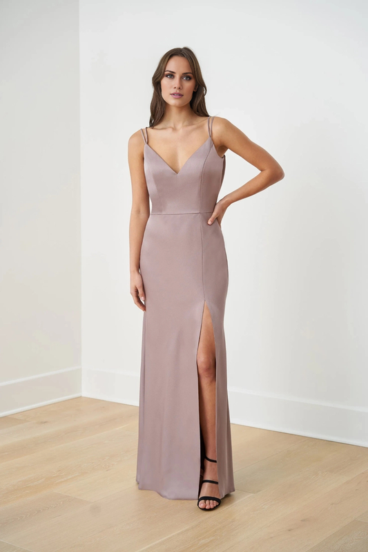 Thin shoulder strap V-neck backless satin side slit long evening gown