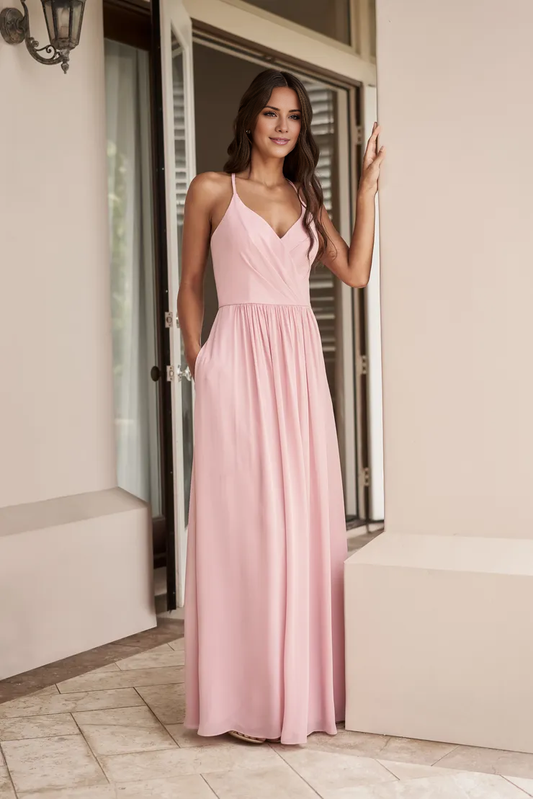 Spaghetti Strap V-Neck Backless Floor Length Bridesmaids Dress