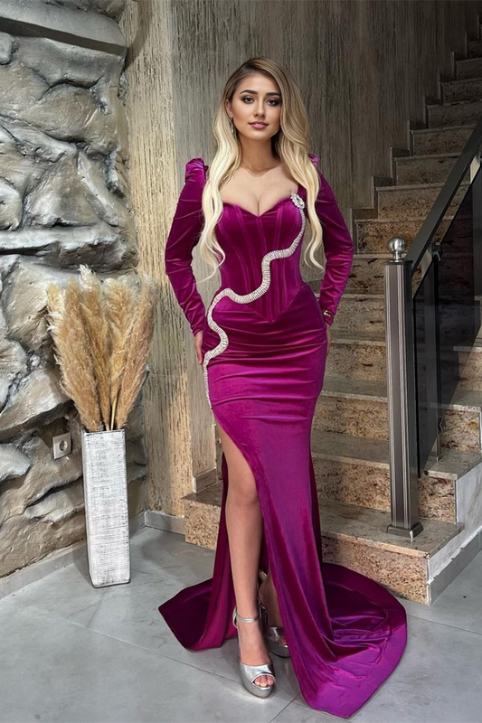 Purple Long Sleeves Sweetheart Corset Mermaid Evening Dresses Velvet With Split