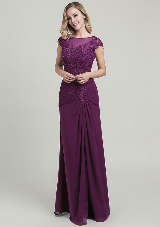 Chiffon Mother of the Bride Dress Bateau Long/Floor-Length With Split Appliqued Pleated Sequins