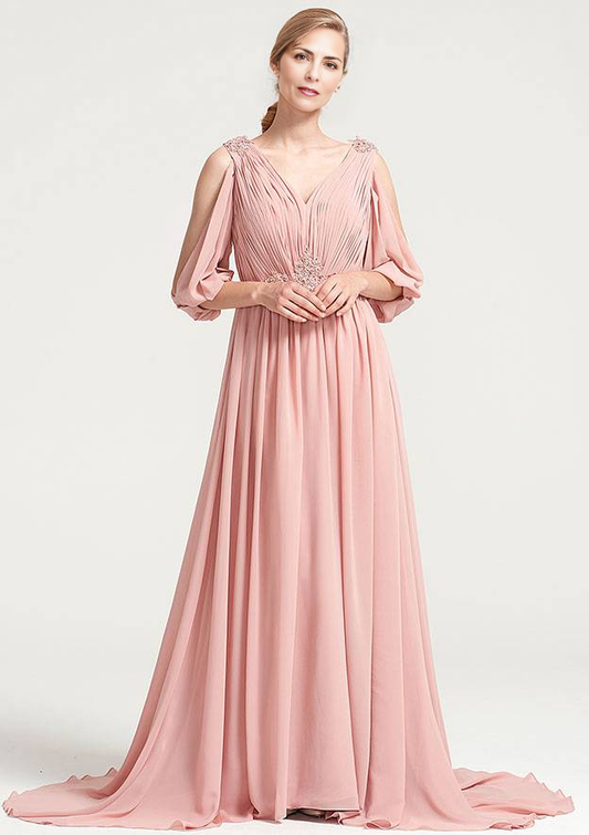 A-line/Princess V Neck 3/4 Sleeve Sweep Train Chiffon Dress With Appliqued