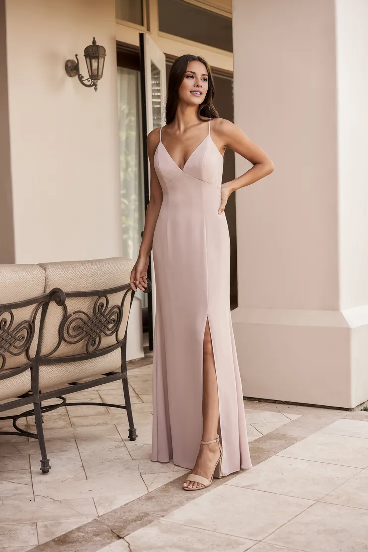 Spaghetti Strap V Neck Side Slit Floor Length Bridesmaids Dress