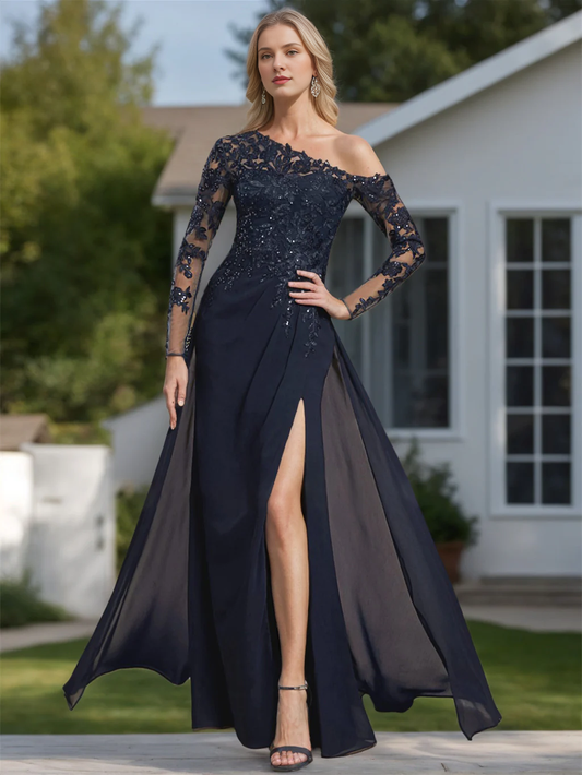 A-line princess shoulder long sleeved high slit and floor length mothers of the bride dresses