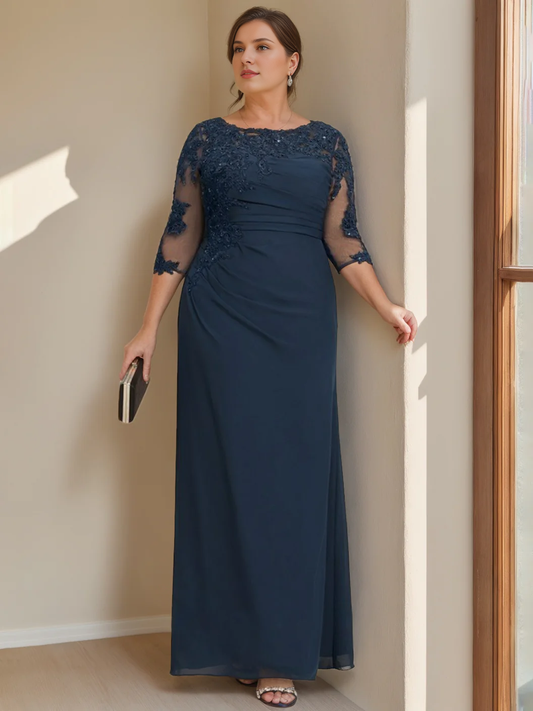 Tight cylindrical low round neck half sleeve and floor length mothers of the bride dresses