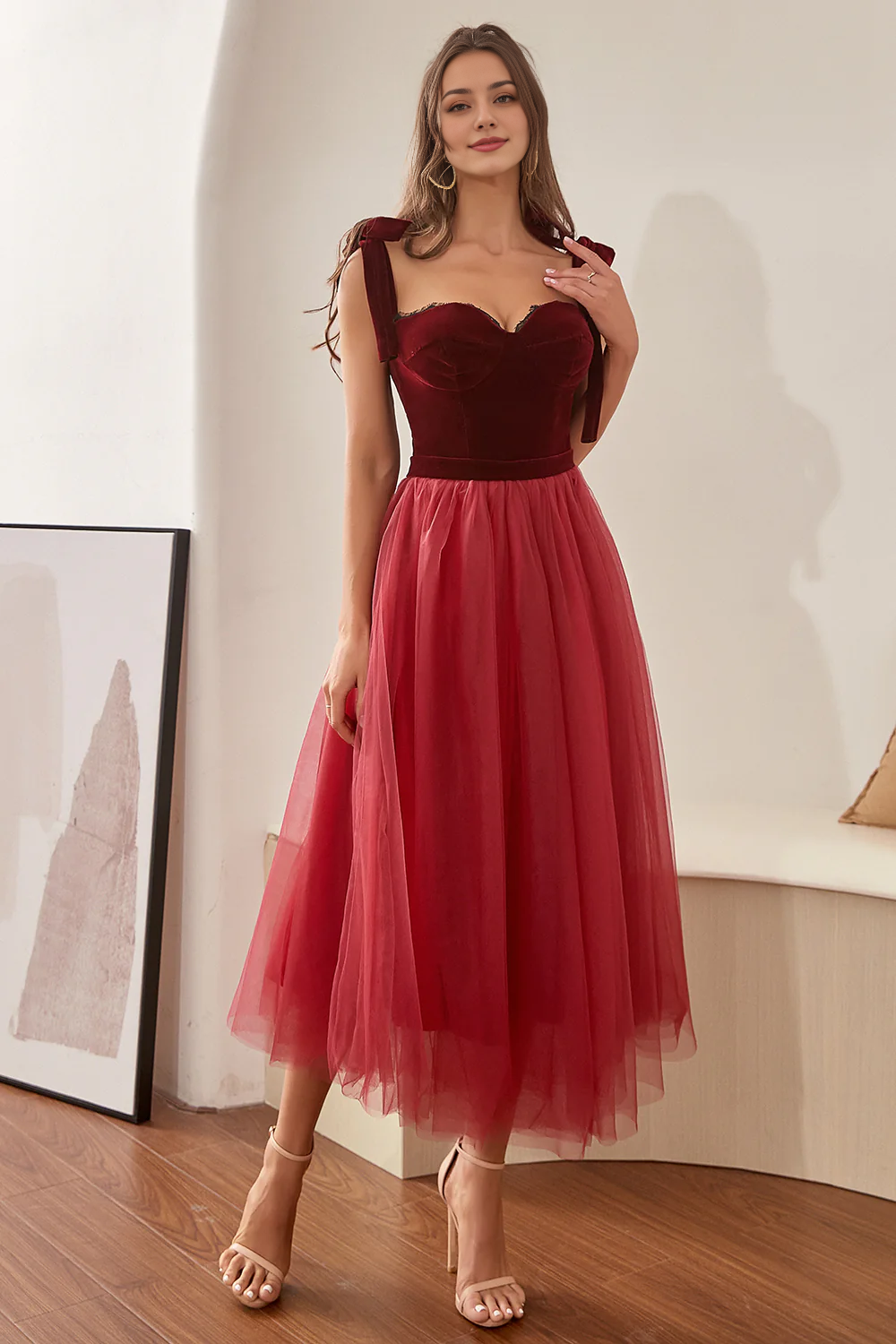 A-Line Princess Burgundy Tulle Cocktail Dresses with Bowknot