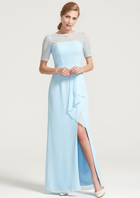 Sheath/Column Bateau Chiffon Dress With Split Appliqued Ruffles