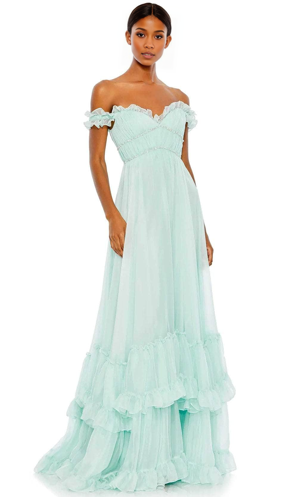 Off Shoulder Ruffled A-Line Tulle Floor-length Prom Dress