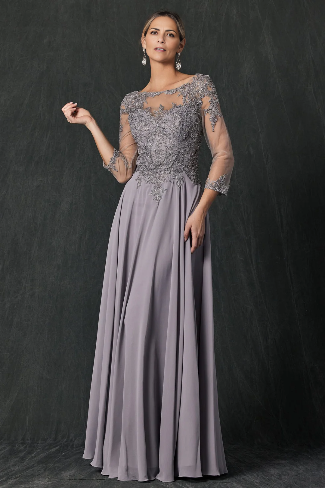 Lace Applique 3/4 Sleeve Floor-length Chiffon Mother of the Bride Dresse