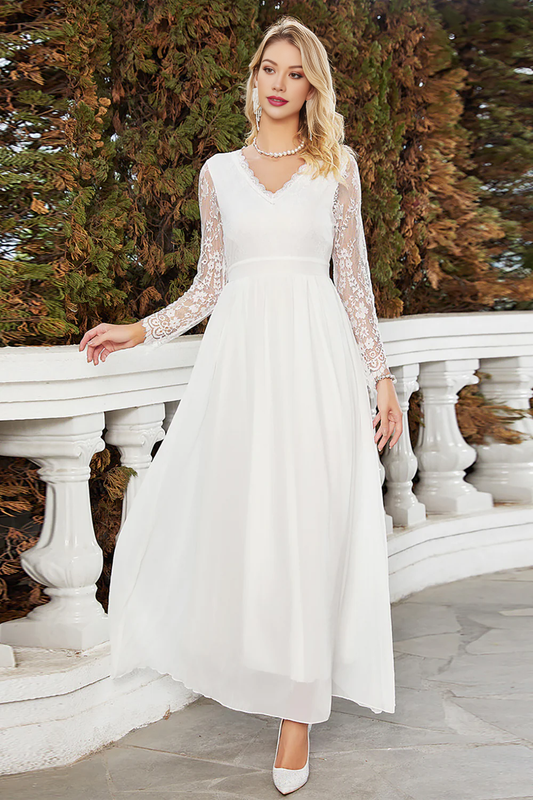 White A-Line V-Neck Chiffon Lace Wedding Dress With Long Sleeves