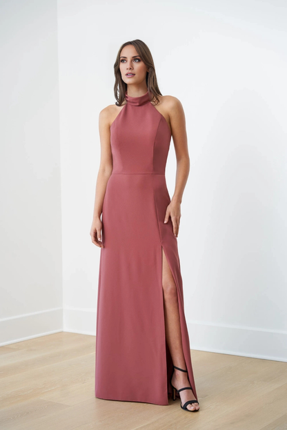 Hanging neck collar sleeveless off shoulder side slit and floor length evening gown