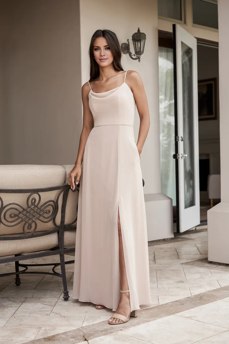 Thin shoulder strap sleeveless off shoulder side slit and floor length evening gown