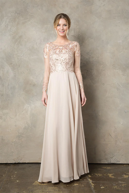 Sequin Embroidered Long Sleeve A-line Chiffon Mother of the Bride Dresse