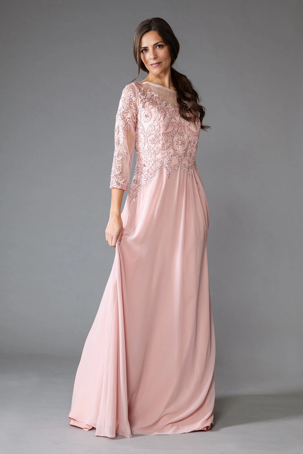 Embroidered 3/4 Sleeve Chiffon Mother of the Bride Dresse