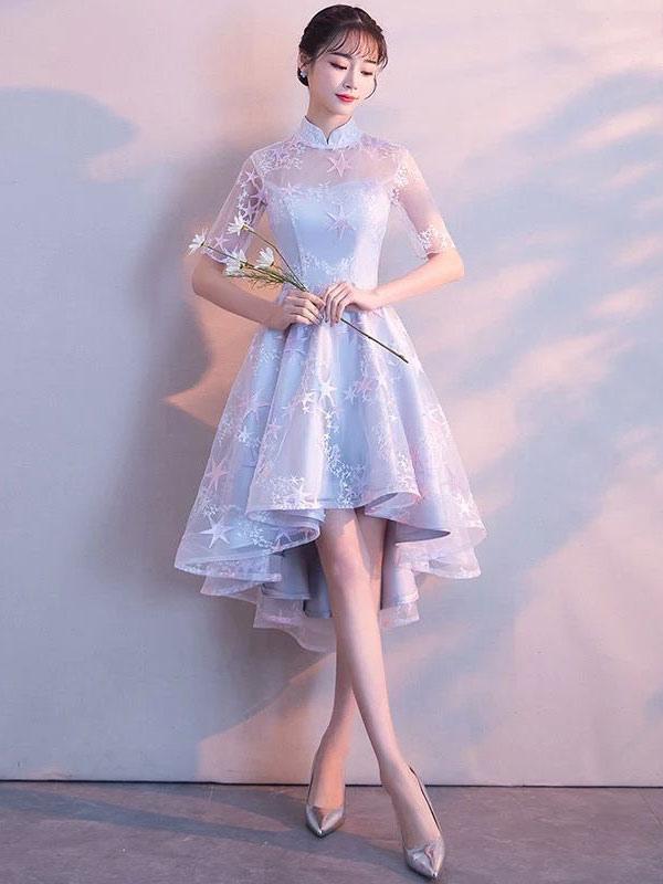 A-Line Princess Light Grey Asymmetrical Cocktail Dresses Stand Collar Prom Homecoming Party Dress