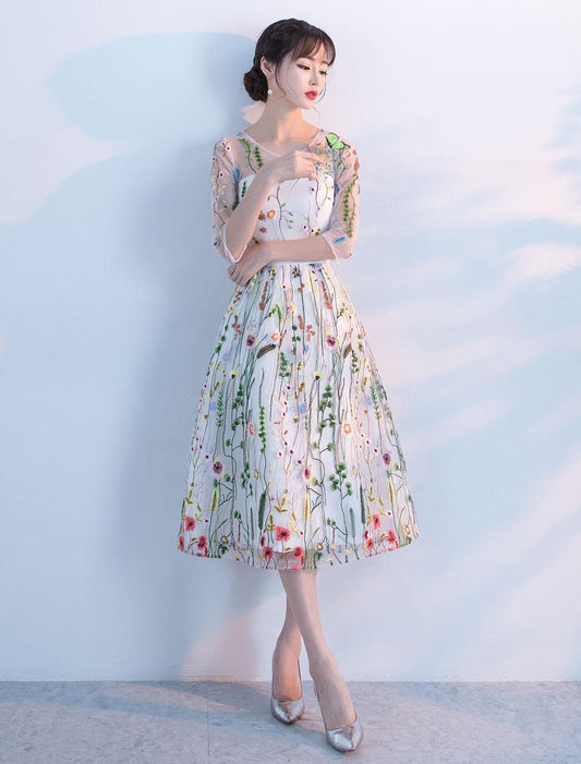 A-Line Lace Cocktail Dress Short Floral Print Illusion Half Sleeve Tea Length Party Dress