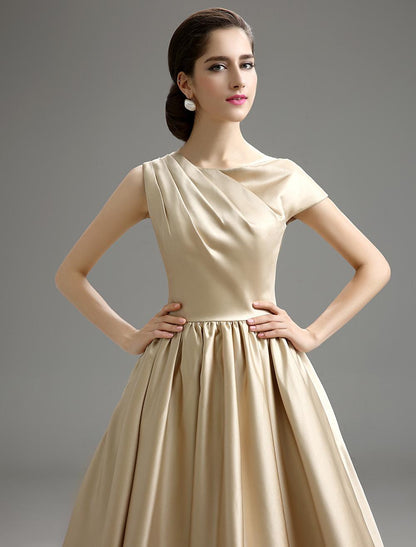 A-Line Gold Champagne Pleated Satin Cocktail Dress Party Dresses