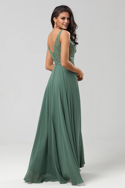 A Line V Neck Eucalyptus Confidently Charismatic Long Bridesmaid Dress with Beading Mother of Bride Dress