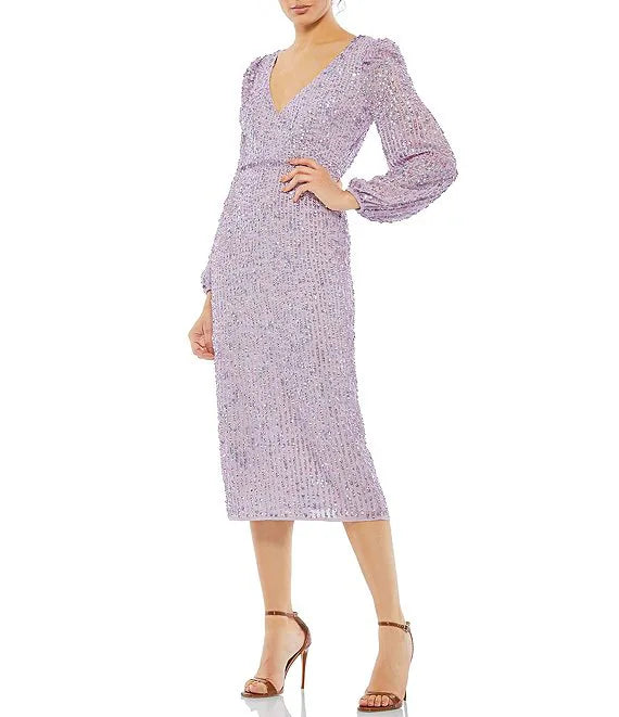 Illusion Puff Sleeves V-Neck Sequined Sheath Midi Dress Wedding Guest Party Dresses